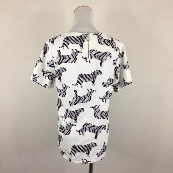 TWIK SIMONS White Multi Color Tiger Print Zip Back Short Sleeve Shirt Top - Picture 8 of 10